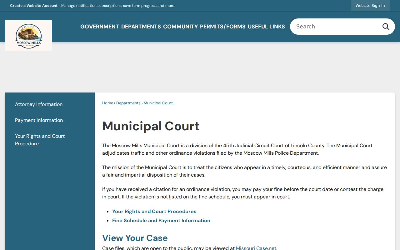 Moscow Mills municipal court page showing court office and courtroom location details