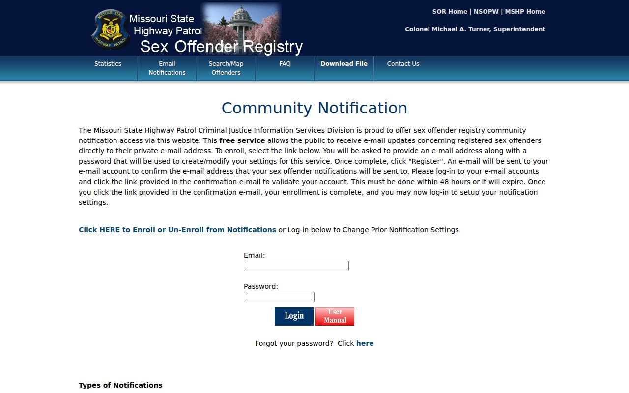 Missouri registry community notification signup for Lincoln County address alerts